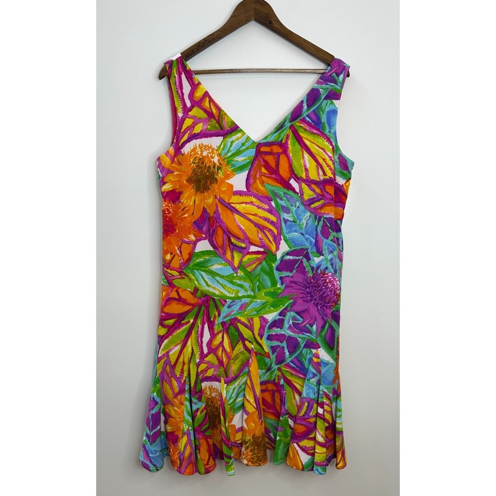 Lauren Ralph Lauren Tropical Floral V-Neck Ruffle Drop Waist Mini Dress Size 12 - Picture 2 of 13